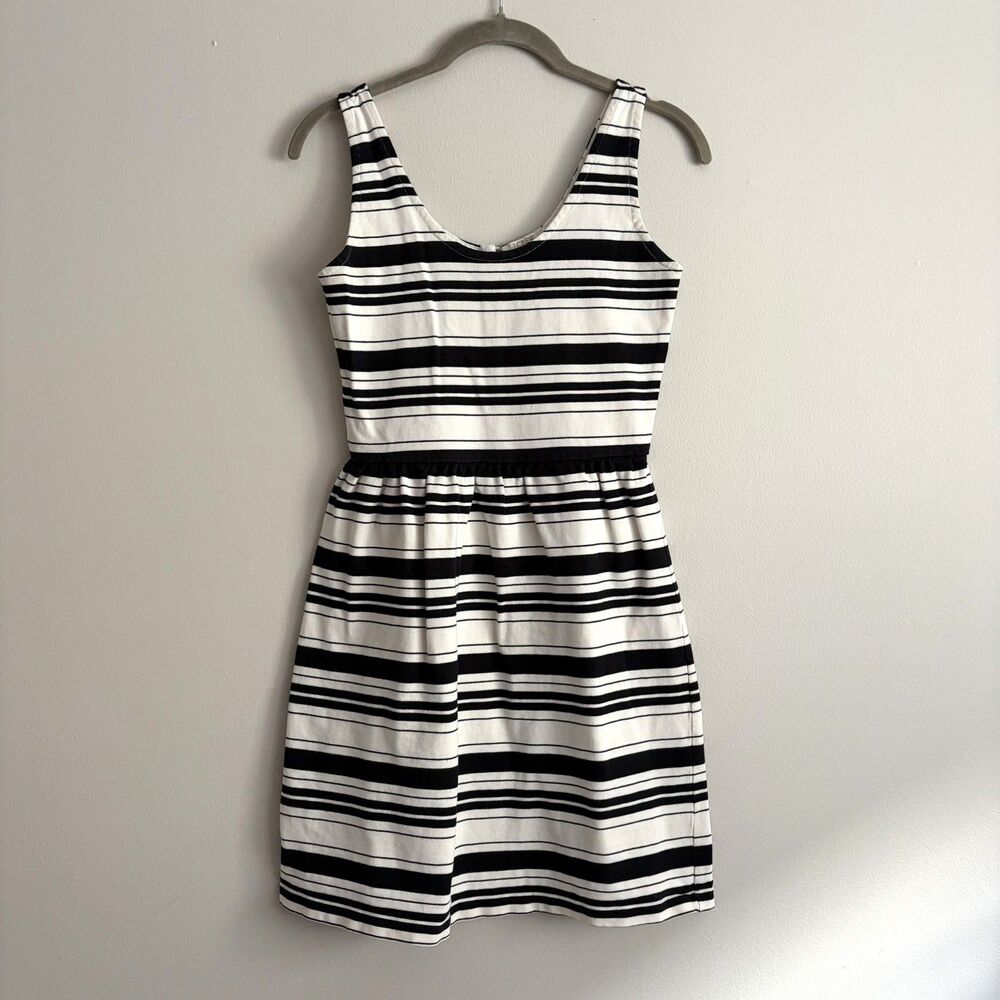J. Crew Villa Dress Scoop Neck A-Line Ivory Black Striped Stretch Approx XS/S